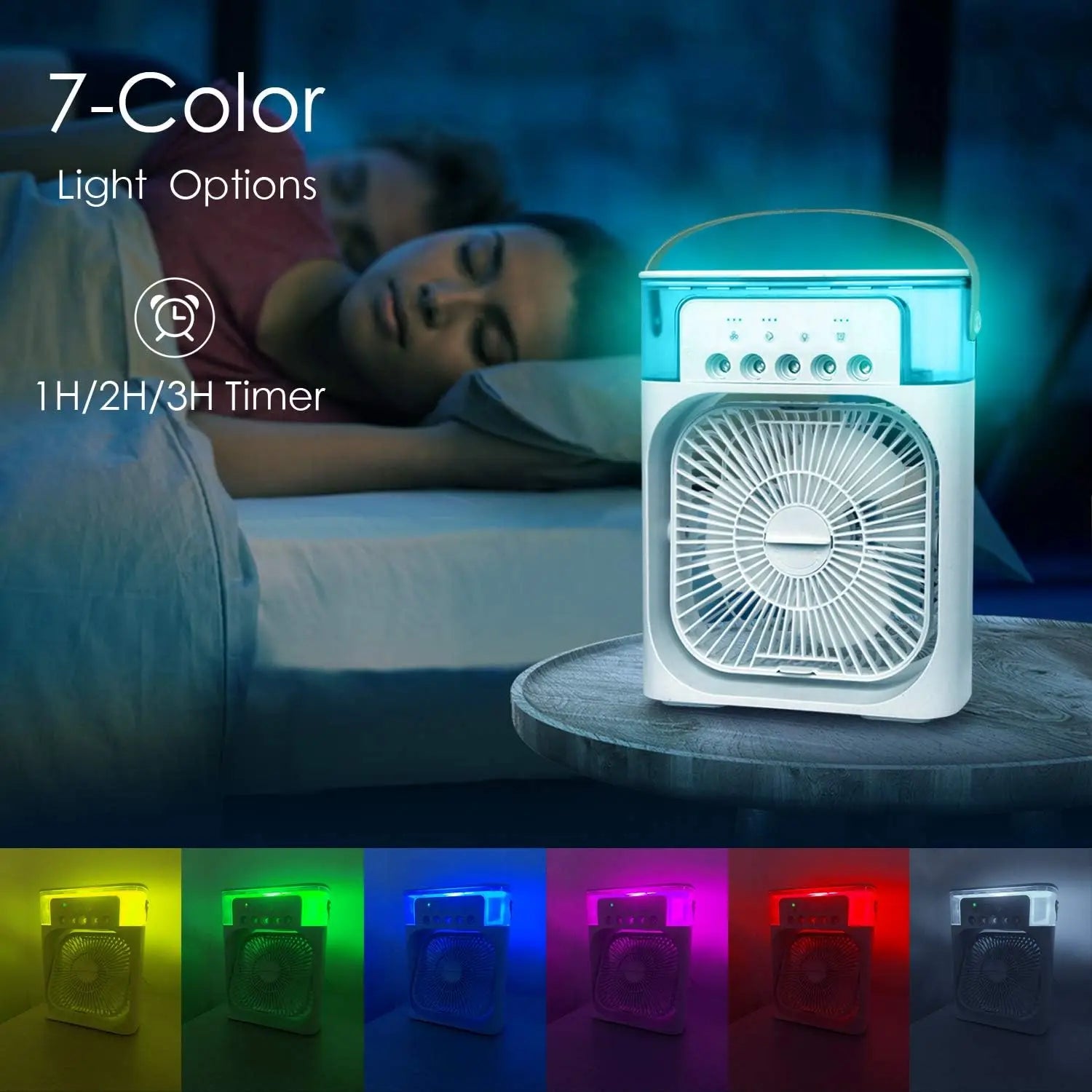 Portable Air Conditioner Fan Mini Evaporative Air Cooler with 7 Colors LED Light 1/2/3 H Timer 3 Wind Speeds and 3 Spray Modes